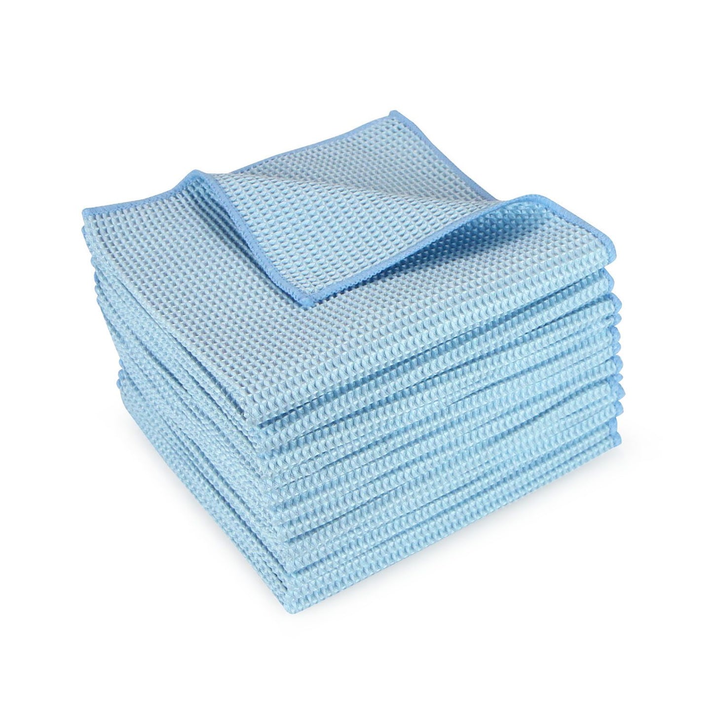 Stack of blue waffle weave microfiber car wash towels