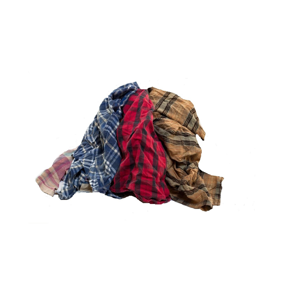 Pile of assorted plaid flannel rags in blue, red, and tan on a white background
