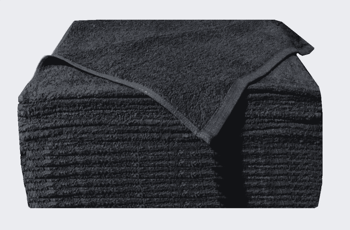 Stack of black Microterry cotton auto towels with the top towel folded back to show the texture