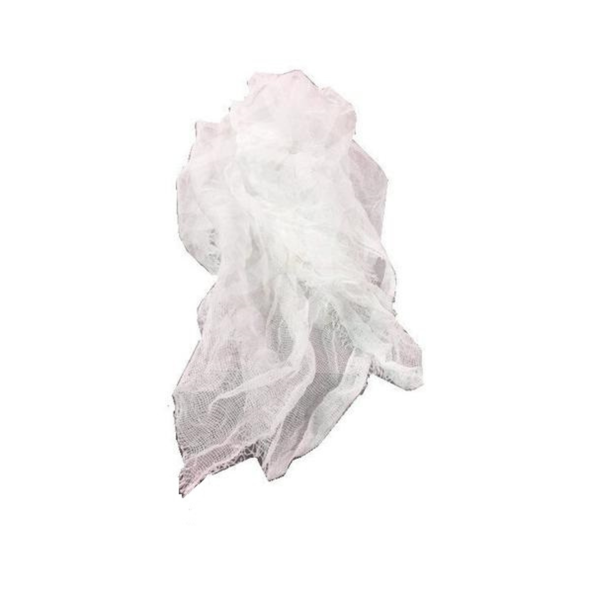 White cheesecloth loosely draped to show its open weave and layered folds on a white background