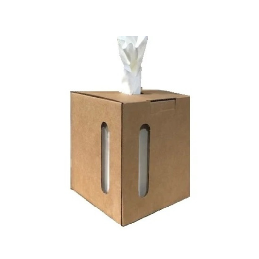 Brown cardboard center-pull dispenser box with a white wipe extending from the top