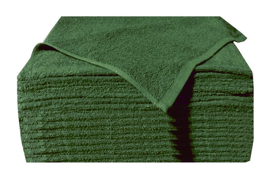 Stack of green Microterry cotton auto towels with the top towel folded back to show the texture