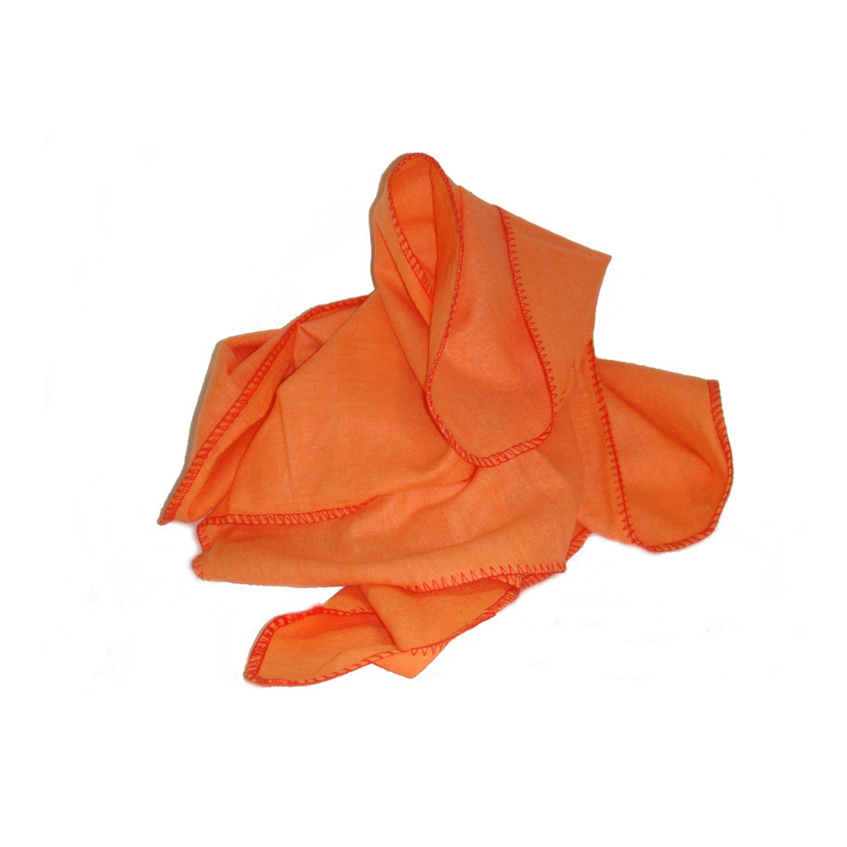 Orange shoe shine cloth loosely folded to show its fabric and stitched edges on a white background