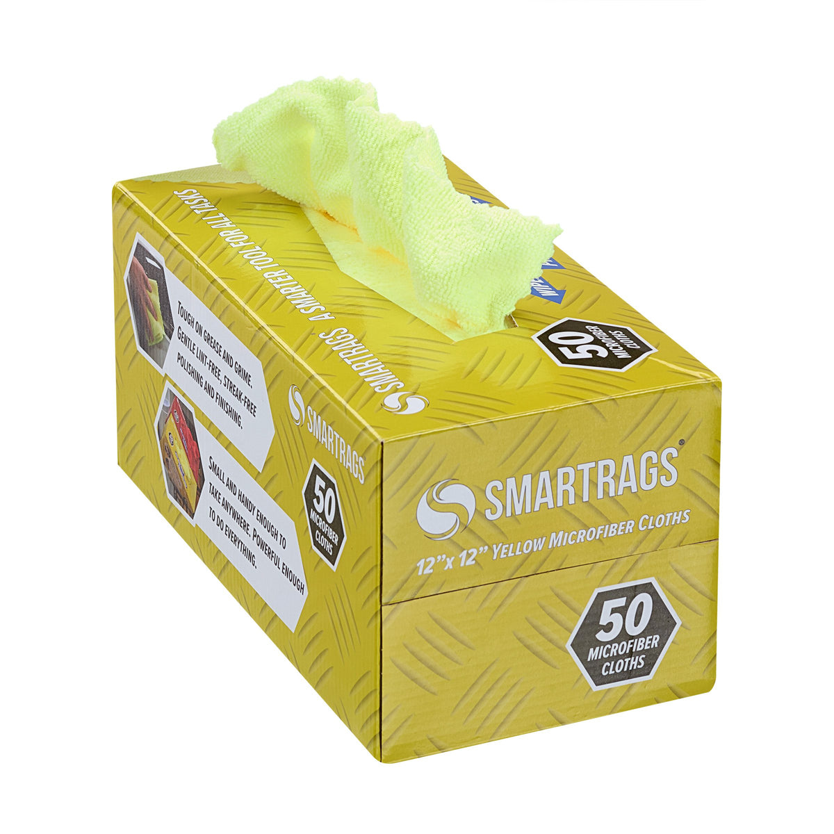 SmartRags dispenser box of 50 yellow 12-by-12-inch microfiber cloths with a cloth pulled from the top.