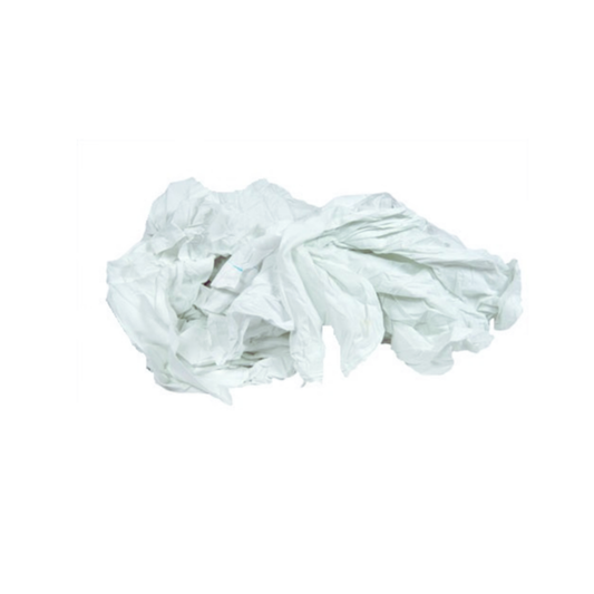 Pile of white cotton-poly sheeting rags on a white background