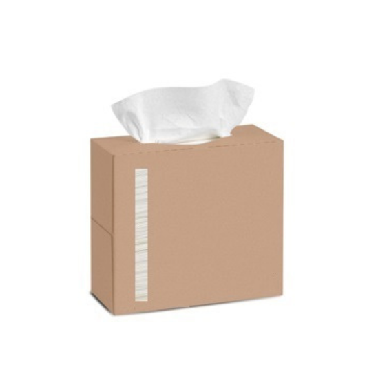 Unprinted brown cardboard dispenser box with a white wipe pulled through the top opening