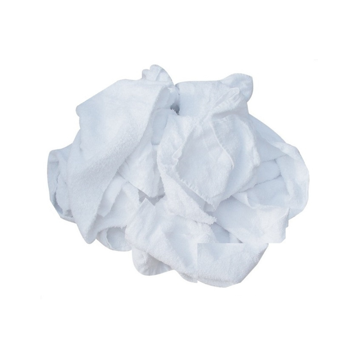 Pile of white terry washcloth rags showing their folds and textured fabric on a white background