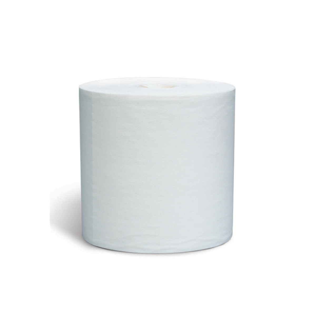 White jumbo roll of utility wipers standing upright on a white background